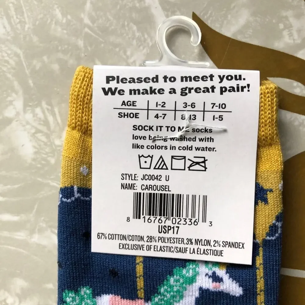 Sock It To Me Navy Blue Gold Carousel Unicorn Horse Novelty Junior Crew Socks